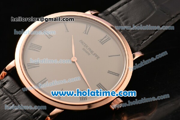 Patek Philippe Calatrava Miyota OS2035 Quartz Rose Gold Case with Roman Numeral Markers Grey Dial and Black Leather Strap - Click Image to Close